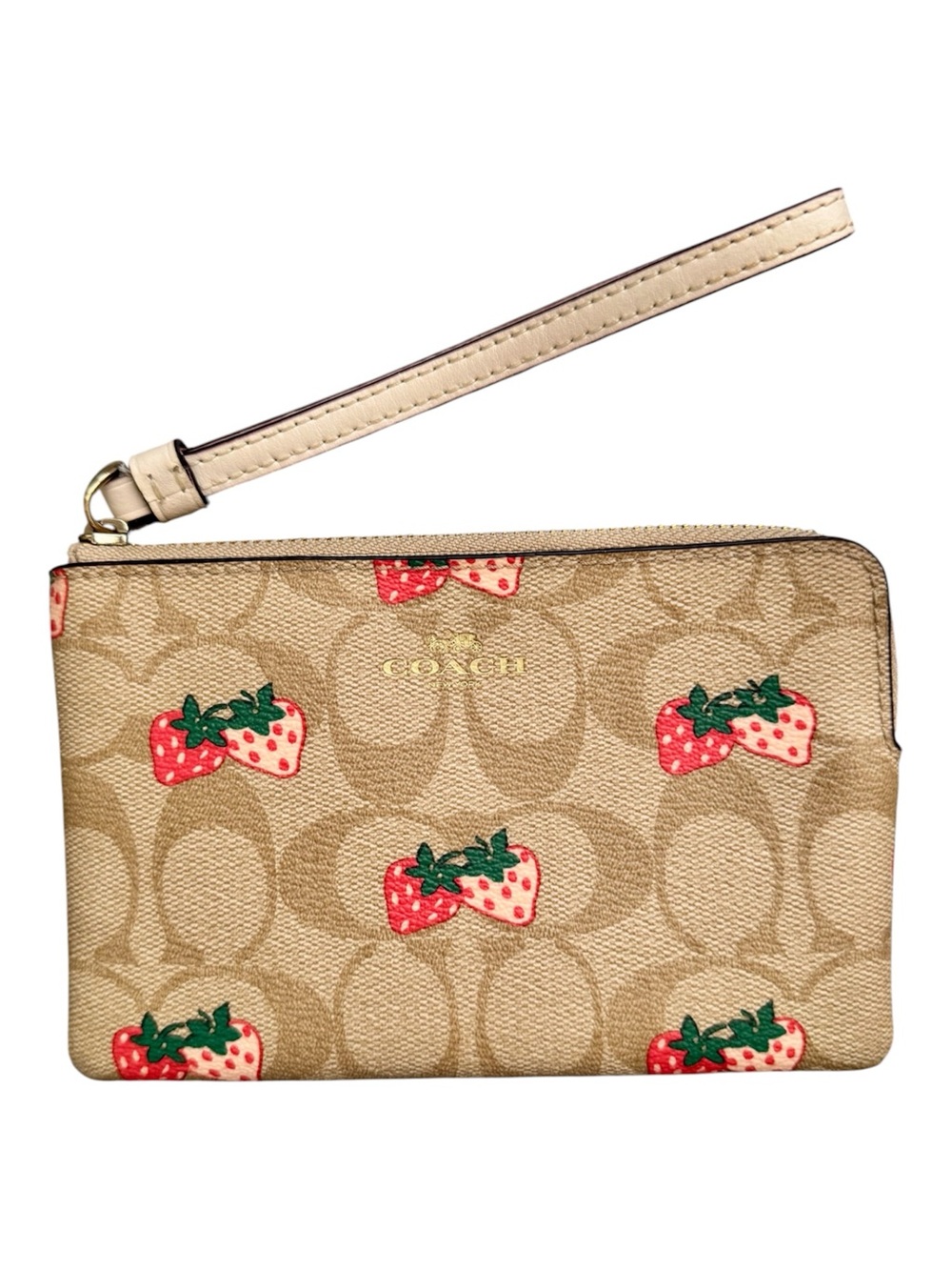 Coach Strawberry Print Signature Canvas Corner Zip Wristlet CB592